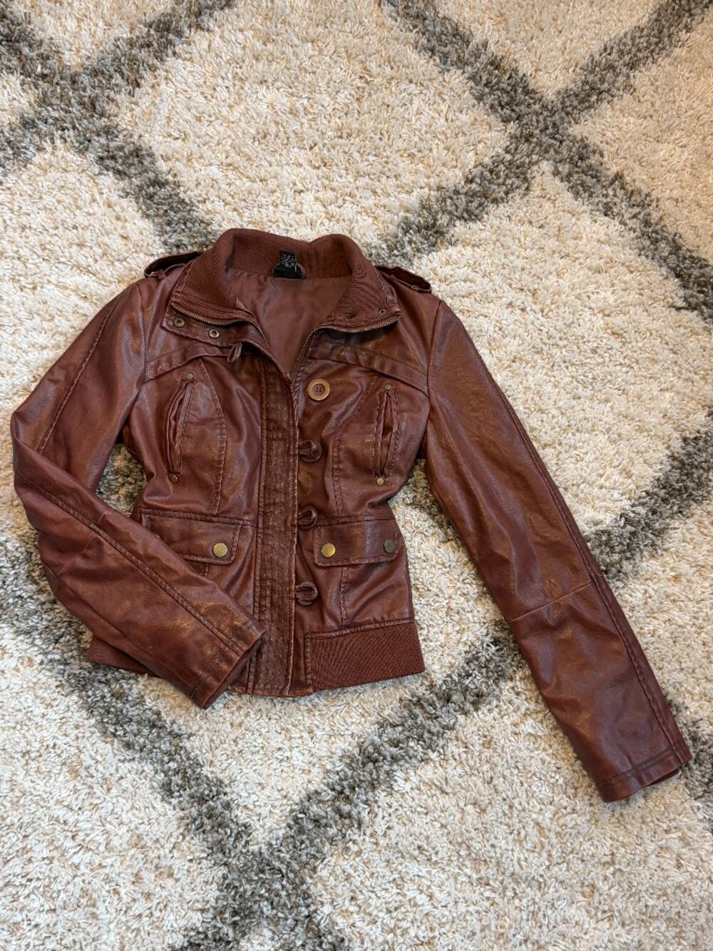 Vintage Y2K Style Brown Faux Leather Moto Bomber Jacket - Size Medium